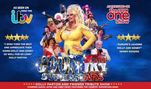 Country Superstars written below a collage of performers from the show At the front is a performer dressed as Dolly Parton Reviews surround them