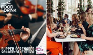 Supper Serenades with Orchestra of the Swan: two images side by side, one of a person playing a violin, the other of a group of people sitting around a table chatting and laughing