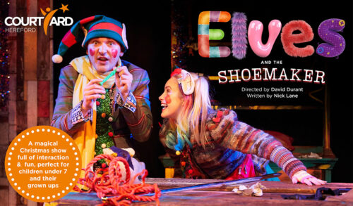 Elves  The Shoemaker  a male and female dressed as colourful elves smile at each other