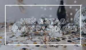 Image of silver confetti and scattered on the floor with a champagne bottle and cork. Text reads: Hen and Stag party packages