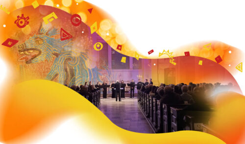 An image of a choir performing to a congregation There are coloured swirls framing the image