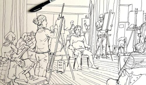 A pen illustration of a room of people drawing on easels In the centre of the room is a man sat on a chair
