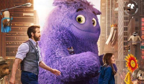 A man a young girl and a large fluffy purple creature cross a Manhattan street