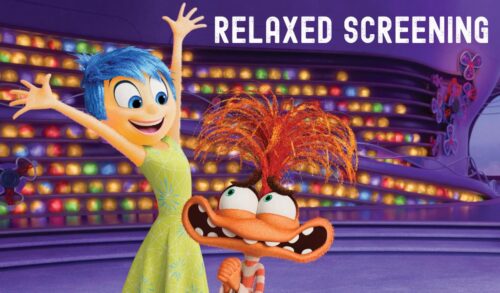 Joy an animated character with blue hair and a green dress raises her arms in the air with excitement Next to her is Anxiety a smaller orange animated character who appears nervous In the top right is the text Relaxed Screening