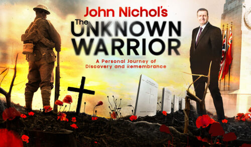 On the left of the image there is a photo of a soldier from WWI standing on a field of poppies On the right of the image there is a photo of a man in modern day dress Writing reads John Nichols The Unknown Warrior A Personal Journey of Discovery and Remembrance