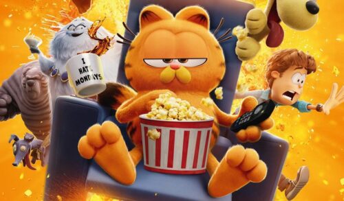 An animated image of an orange cat sat in a chair with a bucket of popcorn Surrounding him are other characters including a man with brown hair