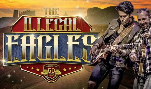 Two band members perform on the right hand side of the image On the left there is a logo that reads The Illegal Eagles