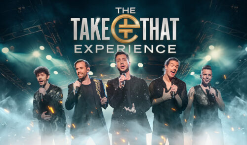 Five Take That lookalikes singing into microphones The writing reads The Take That Experience A Show Youll Never Forget