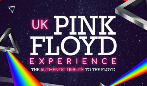 UK Pink Floyd Experience The Authentic Tribute To The Floyd written on a purple starry background There are silver triangles refracting rainbow light to mimic the Dark Side of the Moon album
