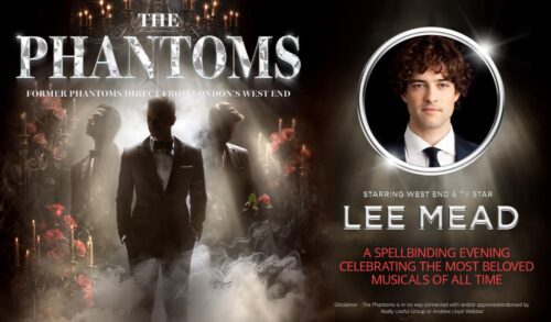 On the left of the image there is a silhouette of men dressed in suits surrounded by smoke and roses On the right there is a headshot of West End performer Lee Mead Writing reads starring West End  TV star Lee Mead A spellbinding evening celebrating the most beloved musicals of all time