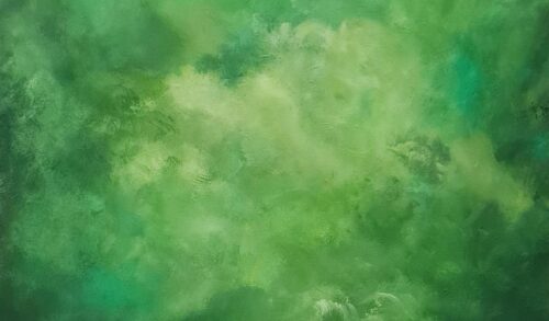 An abstract painting The canvas is filled with various shades of green with swirled brush strokes to evoke the image of trees