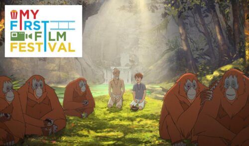 An animated image of a young boy a man and a group of orangutans sit in a wooded area