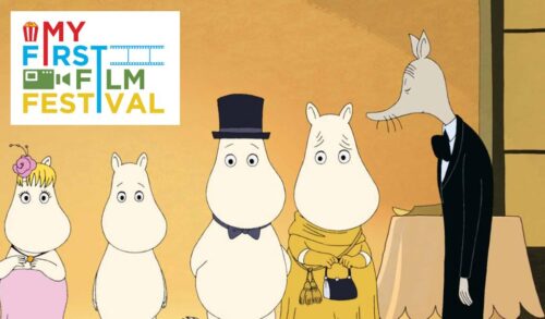 An animated image of a family of four white creatures called Moomins One is wearing a top hat and tie whilst another wears a coat and scarf In the top left corner is the My First Film Festival logo