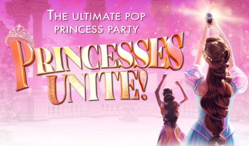 Princesses Unite in gold font on top of a pink sparkly background with two princesses holding microphones