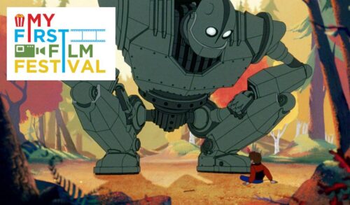 An animated image of a large metal robot squatting down to look at a small child on the floor In the top left corner is the My First Film Festival logo
