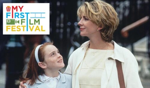 A young girl looks up at her mother who has her arm around her daughters shoulder In the top left corner is the My First Film Festival logo