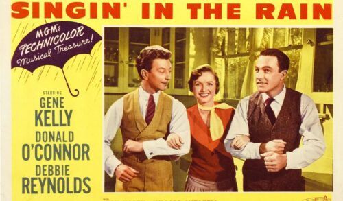 A classic film poster for Singin in the Rain Two men and a woman dance with their arms linked