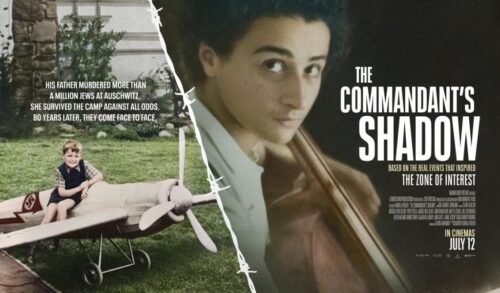 A film poster for the commandants Shadow featuring two images with a tear down the centre The left hand image is of a small child sat in a toy plane On the right is a young woman playing a cello