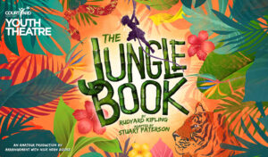 The Jungle Book written in bamboo style font on top of a montage of brightly coloured leaves. A drawing of a tiger and a snake are in the corners and a silhouette of Mowgli swinging on a vine overlaps the title.