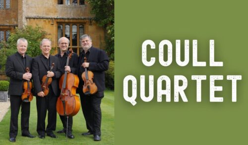 A string quartet standing with their instruments outside Writing reads Coull Quartet