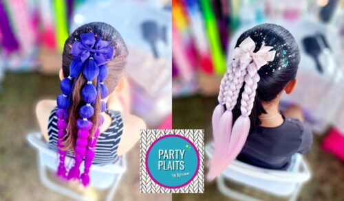 Party Plaits two photos of children wearing clip in pink and purple plaits