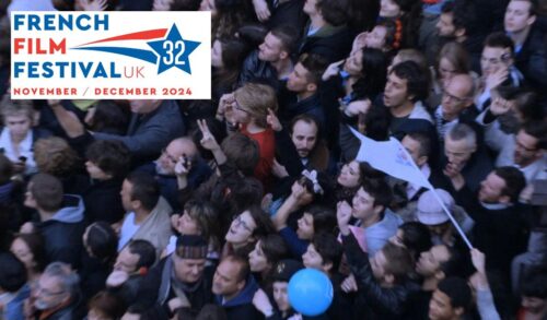 A wide image of a crowd of people taken from above In the top right is the French Film Festival UK logo