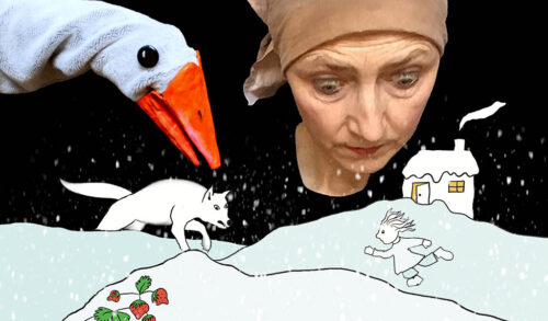 A woman and a sock puppet of a goose look down at an animated scene of a girl running across snow towards a fox