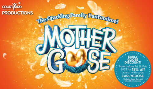 Mother Goose written in white sparkly writing on top of a golden background with feathers falling around The oo in Goose is two golden eggs