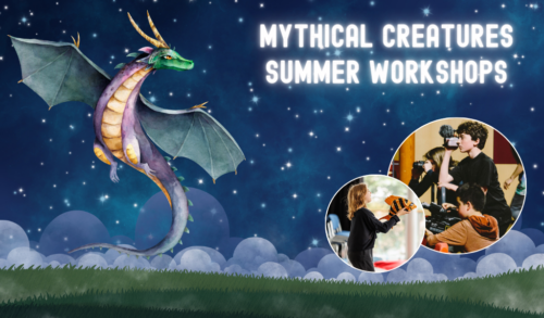 An image of a dragon flying There are two images in circles of young people taking part in workshops Writing reads Mythical Creatures Summer Workshop