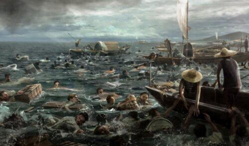 An illustrated image of British soldiers swimming from a sinking ship towards traditional fishing boats