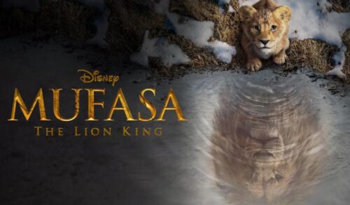 A young lion cub looks up from a pool of water In the water a full grown lion is reflected The title reads Mufasa The Lion King