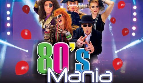 Five band members dressed in 80s wear pose above a title that says 80s Mania