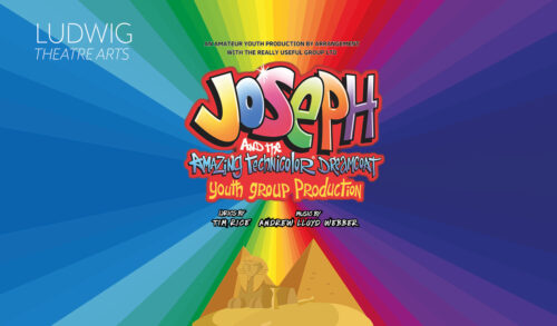 Joseph and the Amazing Technicolor Dreamcoat Youth Group Production written over a a multicoloured image There is a graphic of pyramids at the bottom