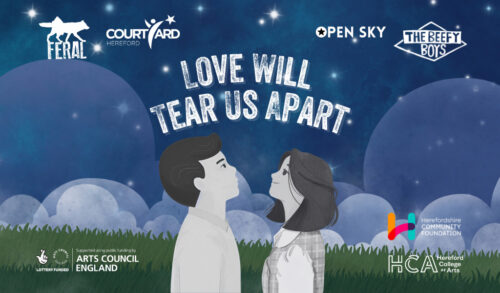 Love Will Tear Us Apart written above an illustration of a male and female looking up at the sky