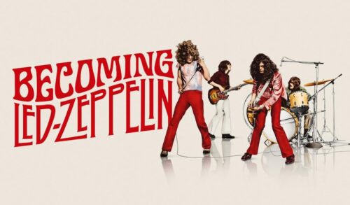 A band including 2 guitarist a singer and a drummer perform in a blank crme coloured space To the left of the them is the title Becoming Led Zeppelin