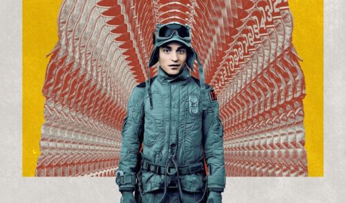 A film poster featuring a man in a military uniform stood on his own Behind is a repeated red pattern