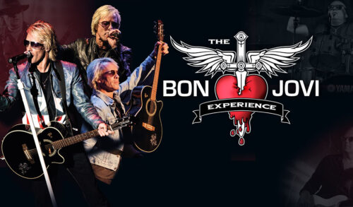 The Bon Jovi Experience A heart with a knife through the top and wings next to a Bon Jovi impersonator playing the guitar