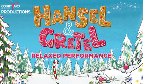 Hansel  Gretel in orange and pink gingerbread font on top of a blue illustrated sky and snowscape Relaxed Performance is written underneath