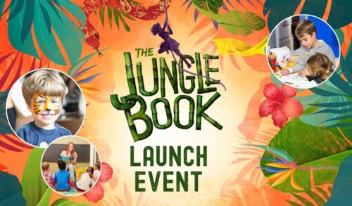 The Jungle Book Launch Event written on a background of tropical flowers There are three photos in circles depicting a young boy with tiger face paint a storytelling session and two children doing craft activities