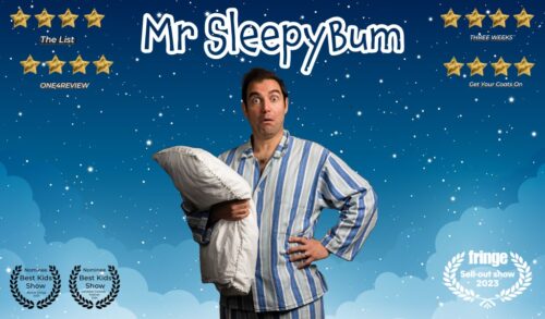 Mr Sleepybum a man wearing PJs holding a pillow stands in front of an illustrated blue night sky