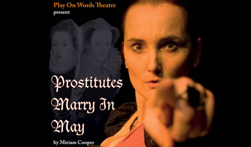 Prostitutes Marry In May written over a black background next to a woman pointing at the camera with a stern expression