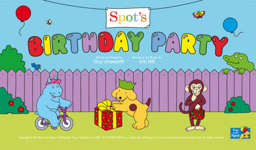 Spots Birthday Party written in bright balloon letter underneath is an illustration of a yellow dog in a party hat with a gift