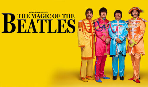 The Magic Of The Beatles written on a yellow background  four men stand in brightly coloured Beatles costumes