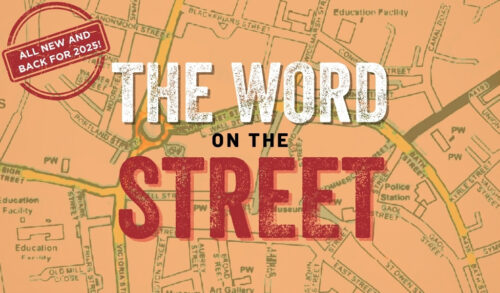 The Word On The Street written on top of a map of Hereford with an orange overlay  a bade reads all new for 2025 in the corner