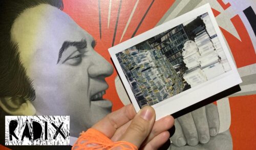 A hand holds a polaroid picture of a stack of VHSs in front of an illustration of a man with a megaphone In the bottom left there is the RADIX Film Club logo