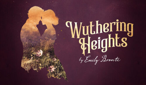 Wuthering Heights  a burgundy leather effect background with a silhouette of a malefemale couple made up of flowers